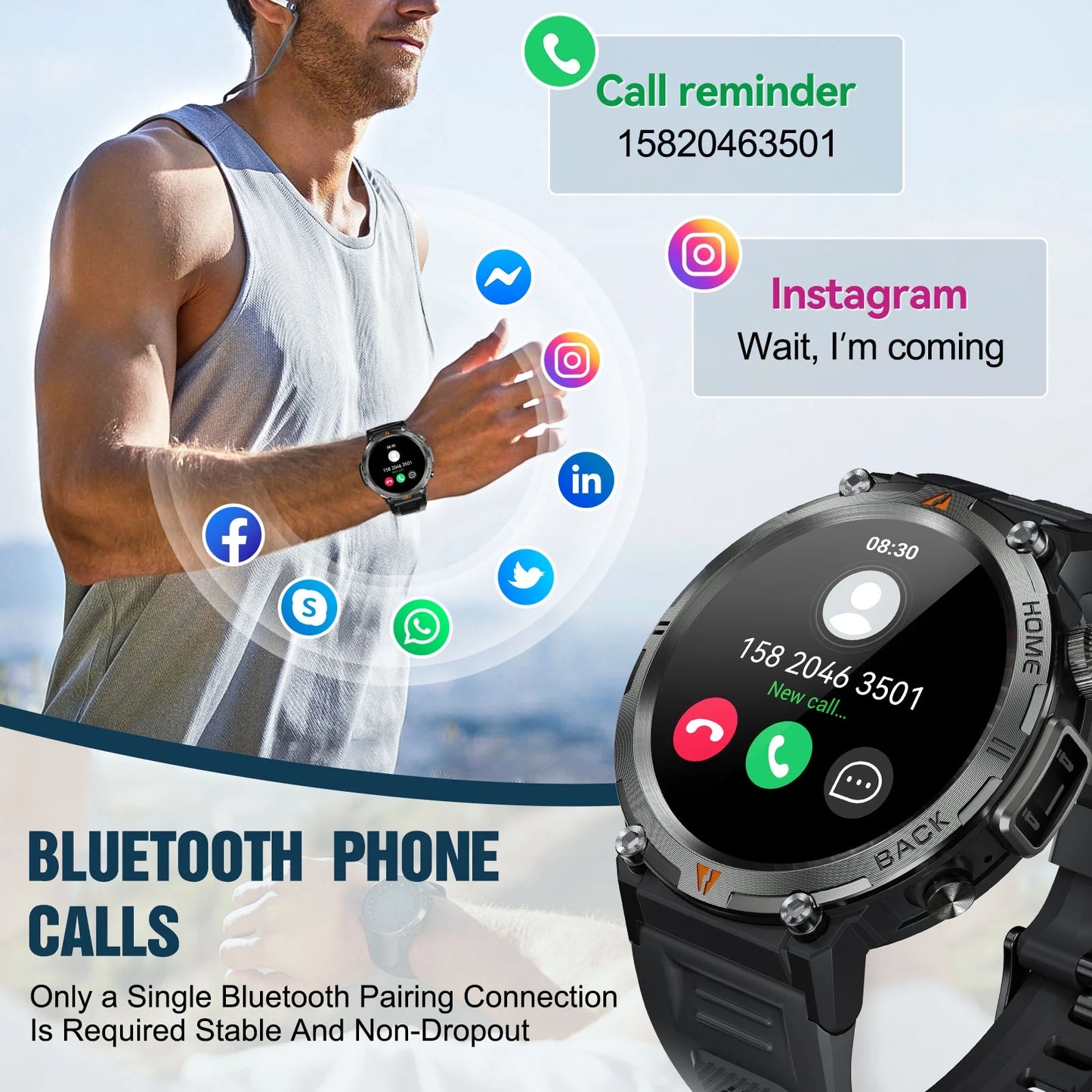 Smart Watch Bluetooth 1.45 Inch Black Rugged Case with Black Polyurethane Sport Band