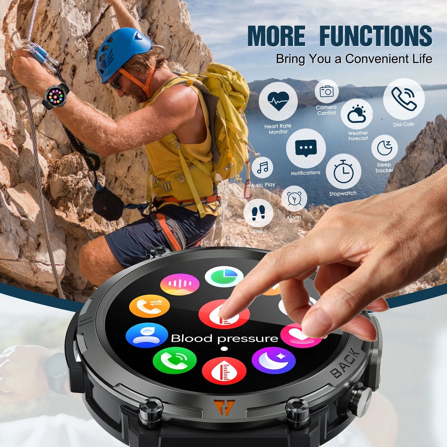 Smart Watch Bluetooth 1.45 Inch Black Rugged Case with Black Polyurethane Sport Band