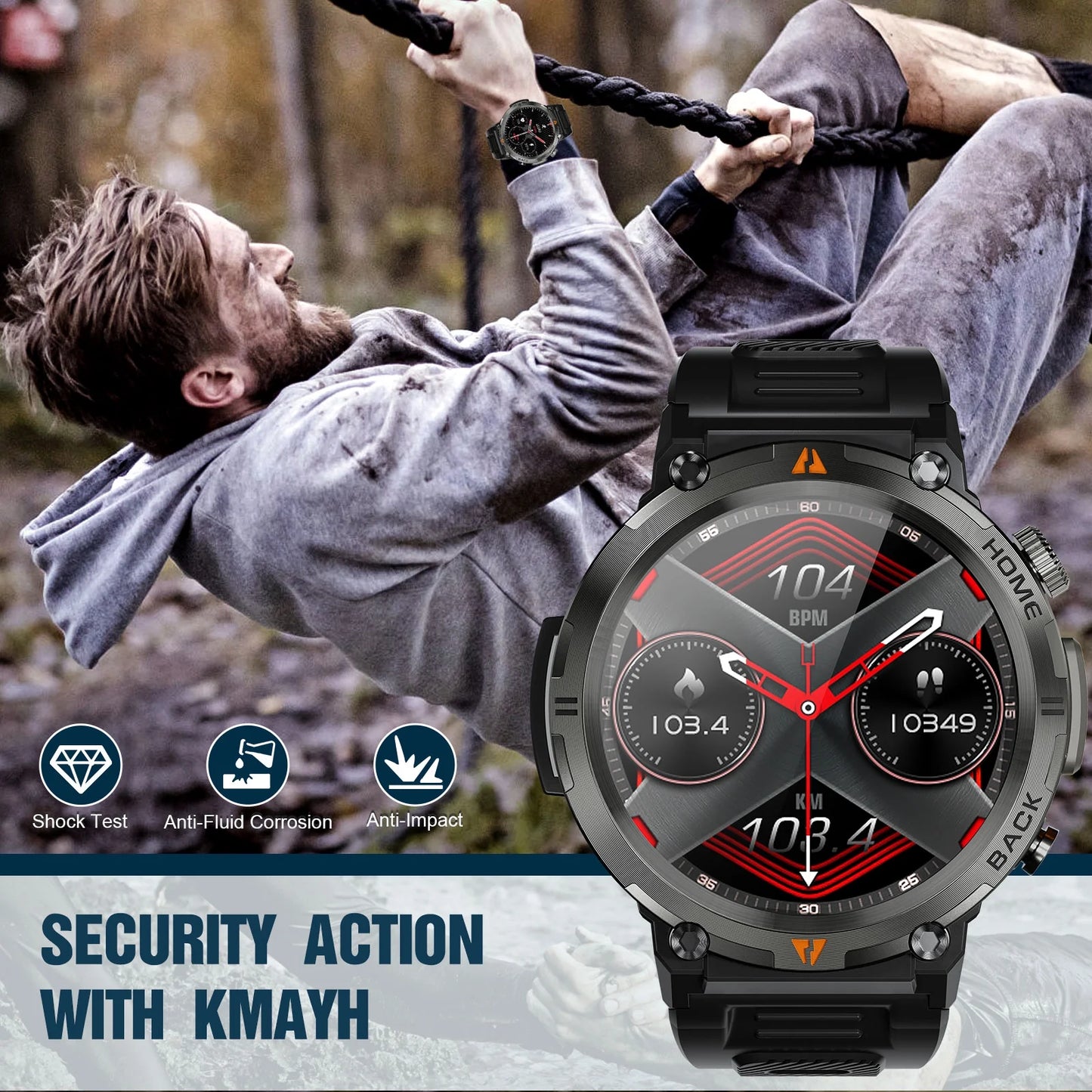 Smart Watch Bluetooth 1.45 Inch Black Rugged Case with Black Polyurethane Sport Band